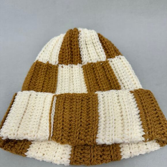 Handmade knit colorblock ivory and golden mustard checkered  stocking hat beanie main image 9